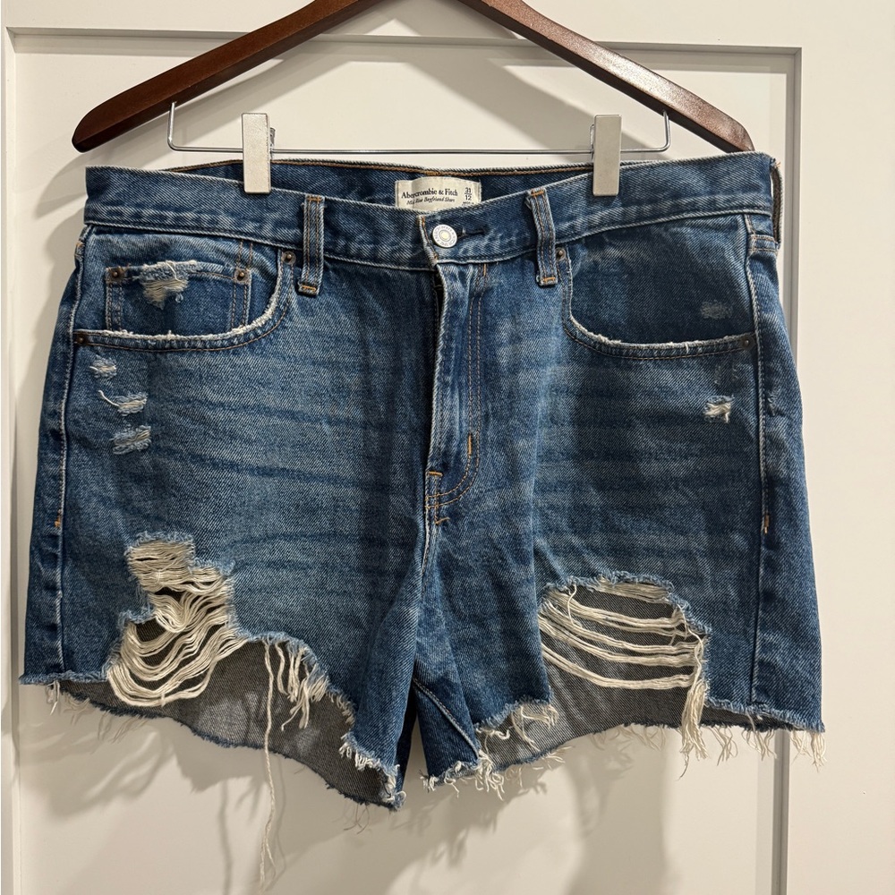 Abercrombie & Fitch Mid Rise boyfriend Blue Distressed Jean Shorts